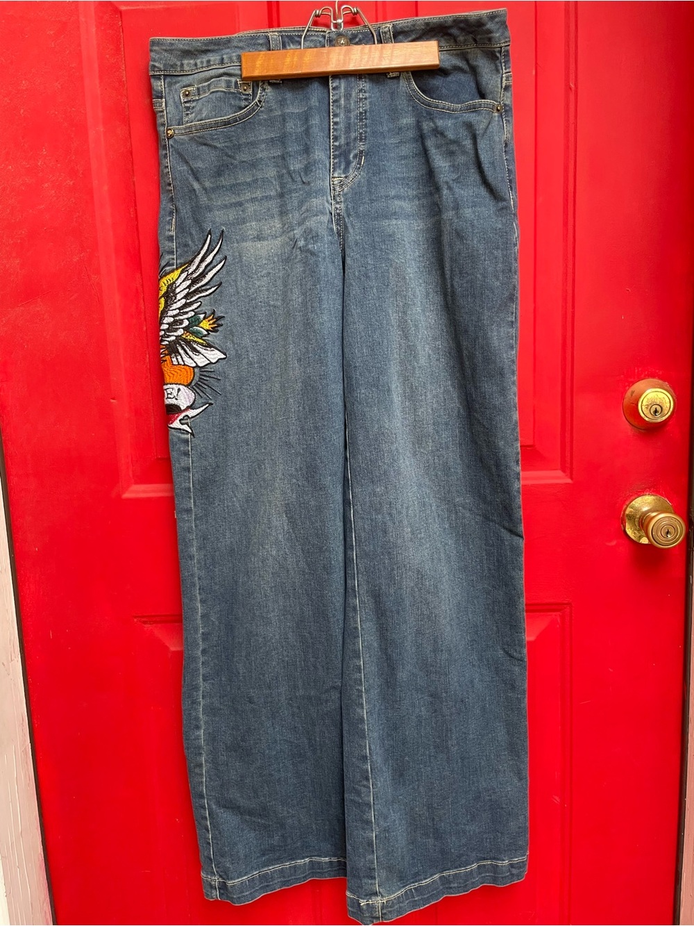 Ed Hardy Denim Wide-Leg Jeans with Colorful Wing Patch